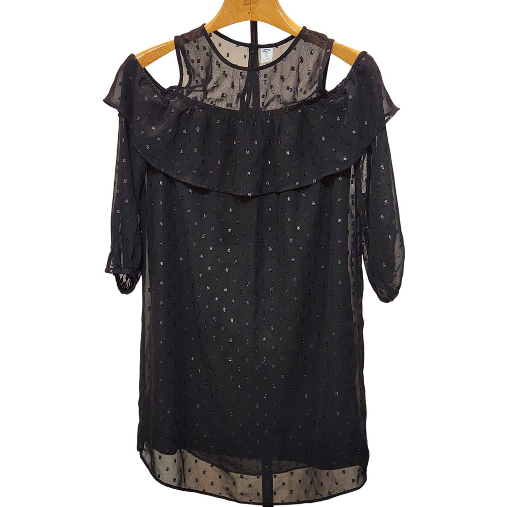 Old Navy Black Metallic Clip Dot Cold Shoulder Ruffle Shift Dress XS